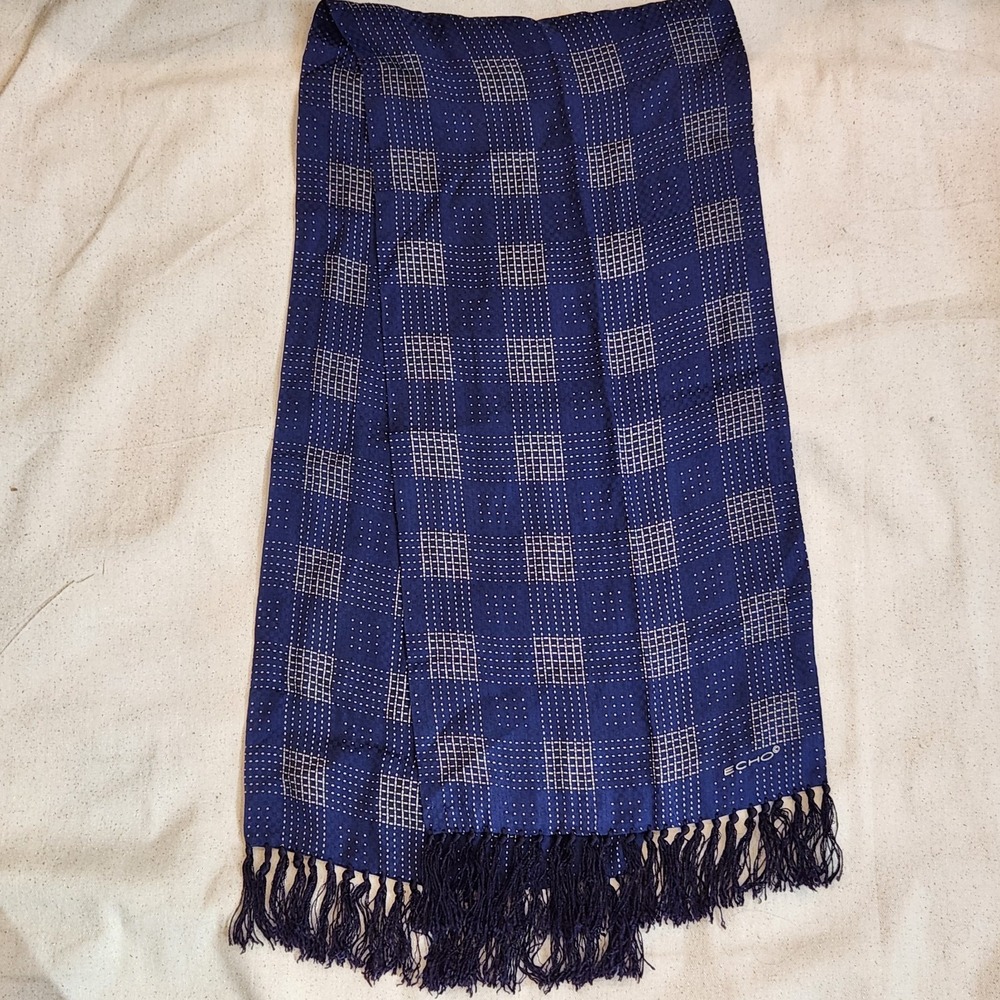 Echo Blue Silk Scarf Geometric Plaid Grid Pattern Fringe Tassels Designer Neck